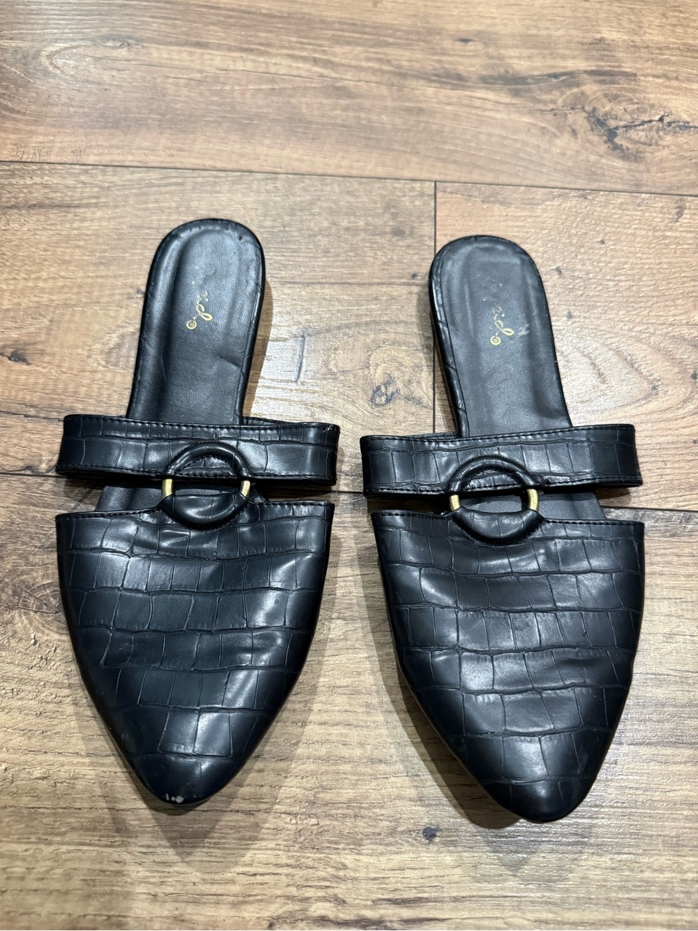 BAMBOO Black Croc-Embossed Pointed Slide Mules with Gold Ring